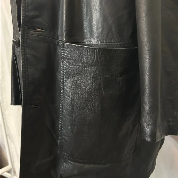 Long Black Genuine Leather Overcoat - Classic & Edgy Fits Men's XL - Picture 3 of 5